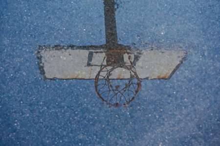 basketball hoop reflected on the puddle, street basket in Bilbao city, Spain
