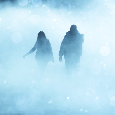 people walking on the street with fog in Bilbao city, Spainの写真素材