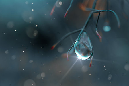 drop on the plant in rainy days in springtime, blue and dark backgroundの写真素材