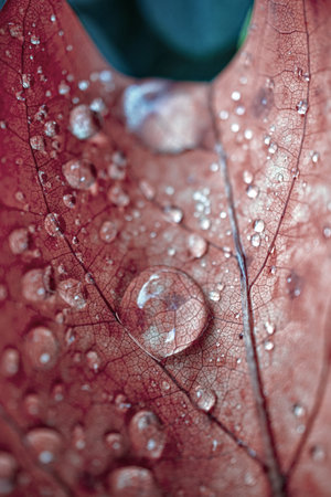raindrops on the red maple leaf in rainy days in autumn season, red backgroundの写真素材