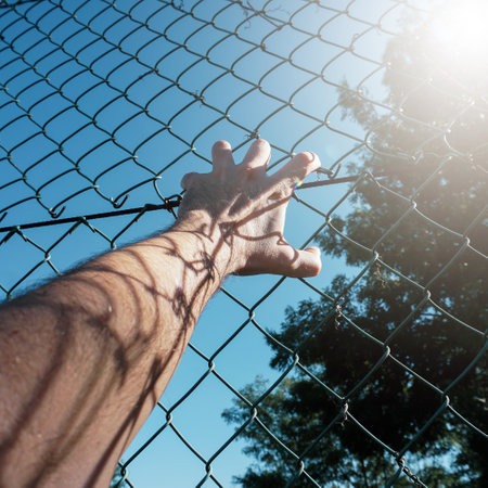 hand grabbing a metallic fenceの写真素材