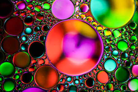 multi colored oil circles on the water, colorful backgroundの写真素材