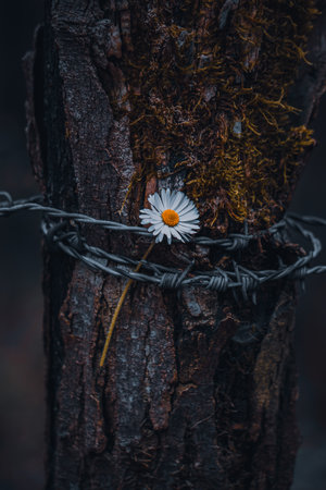 White daisy flower on a tree in the forest. Select focus.の写真素材