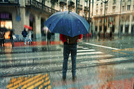 pedestrian with an umbrella in rainy days in winter seasonの写真素材