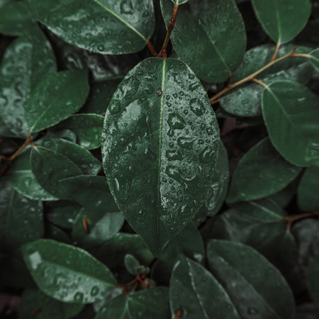 Green leaves with drops of water, top view. Natural background.の写真素材
