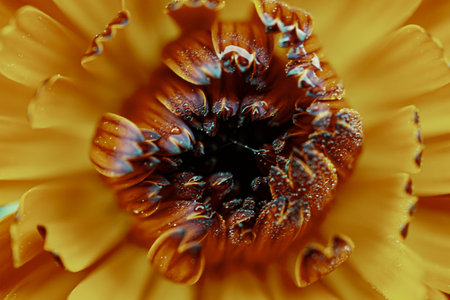 Close up of calendula flower with water droplets on petalsの写真素材