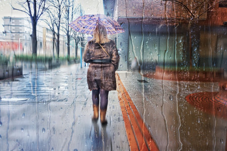 Young woman with umbrella in rainy day. Rainy weather. Blurred background.の写真素材
