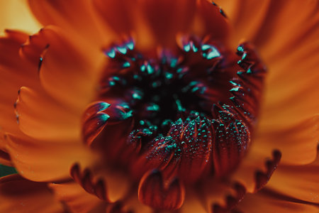 Close up of calendula flower with drops of water on petalsの写真素材