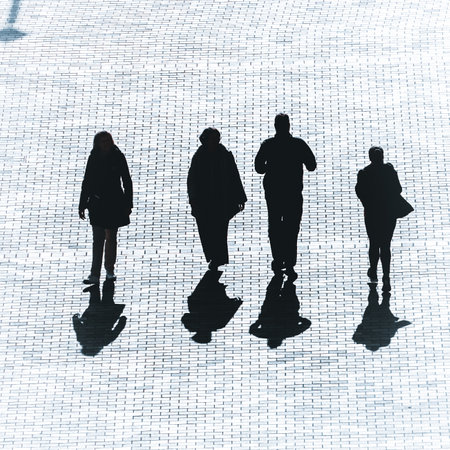 Silhouettes of people walking in the city. 3D renderingの写真素材