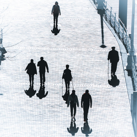 Silhouettes of people walking in the city. 3d renderingの写真素材