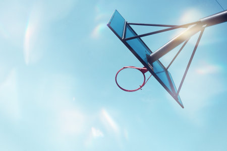Basketball hoop on blue sky background. Sport concept. Copy space.の写真素材
