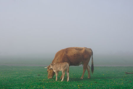 Cow and calf on a foggy meadow in the Netherlands.の写真素材