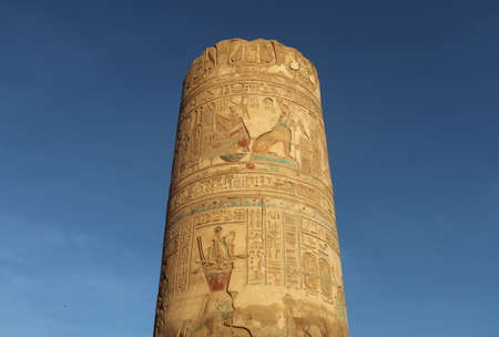 pharaonic column with colorful carvings, Kom Ombo temple, Aswan