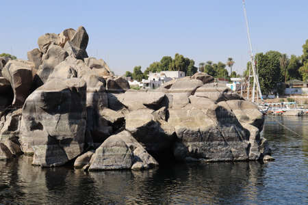 granite rocks on the river nile in Aswan, Egyptの写真素材