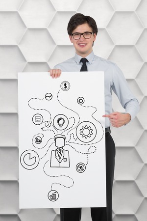 businessman holding poster with social media diagramの写真素材
