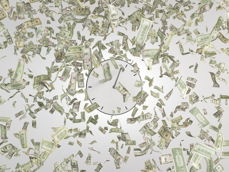 Clock and falling dollars bills on white backgroundの写真素材