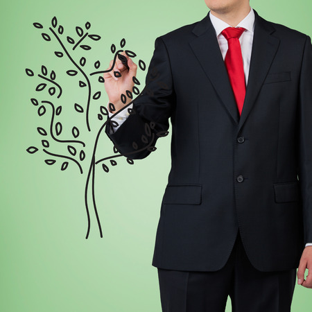 businessman drawing tree on green backgroundの写真素材