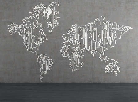 microcircuit in form world map drawing on wallの写真素材