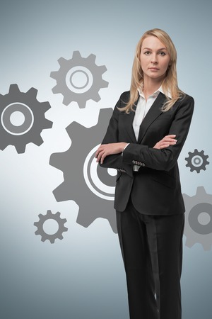 businesswoman standing on a white の写真素材