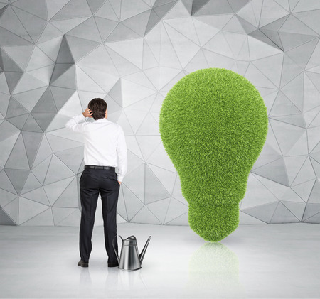businessman looking on grass lightbulb, eco conceptの写真素材