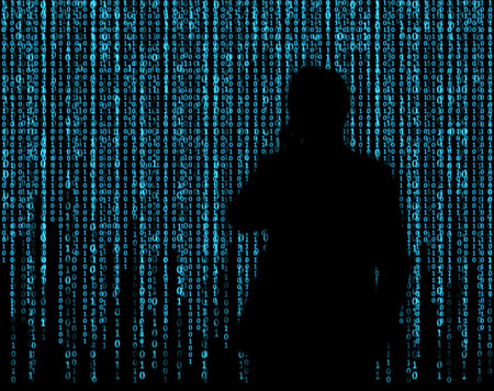 Silhouette of businessman who is appeared through the matrix background