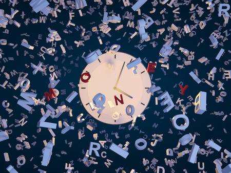 watch and falling letters on blue の写真素材