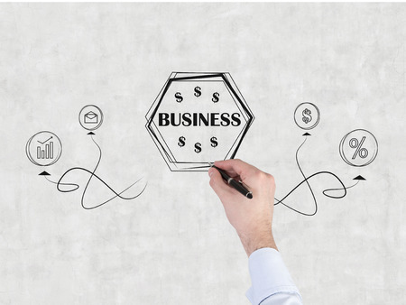 hand drawing picture with word ''business'' , arrows and symbolsの写真素材