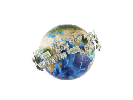 money flying around the earth, 3d renderの写真素材