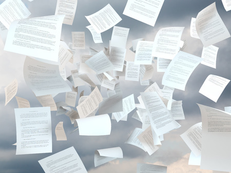 tax papers falling on a cloud sky backgroundの写真素材