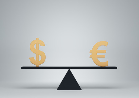 balance with dollar and euro sign, 3d renderの写真素材