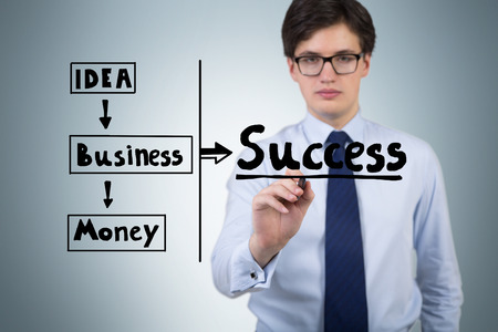 businessman with pen drawing success schemeの写真素材