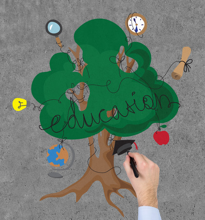 hand drawing education tree with icons on wallの写真素材