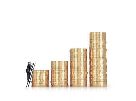 Businessman is climbing to the financial success. Isolated on white