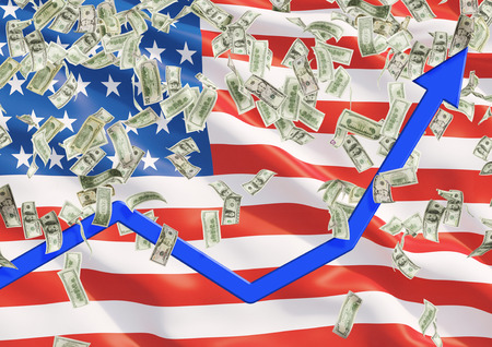 United states flag and falling dollar bills from the ceiling. Blue arrow going up a as concept of the growth in economy.の写真素材