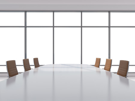 Panoramic conference room in modern office, copy space view from the windows. Brown leather chairs...