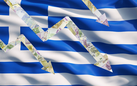 Falling down arrows made of Euro notes over Greek flag.の写真素材