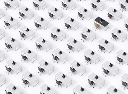 A top view of the symmetric corporate workplaces on white floor. A concept of corporate life. Black leather chairs, white tables and modern laptops. One work place is different. 3D rendering.の写真素材