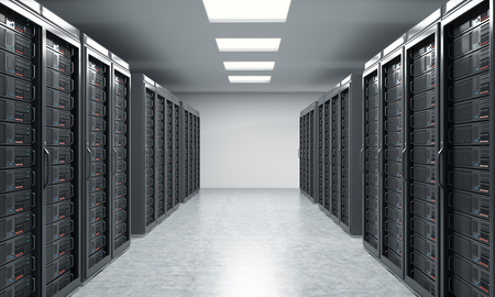 3D rendering of server for data storage, processing and analysis, two rows of machines at work