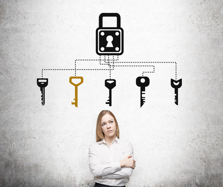 A serious young woman with arms crossed looking asider, different keys and a lock drawn over her head. Concrete background. Front view. Concept of finding a solution.の写真素材