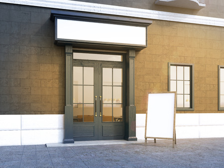 An entrance into a cafe with space for a name on it, a blank streetline next to it, two windows seen to the right. Side view. Filter. Concept of a city cafe. 3D rendering.の写真素材