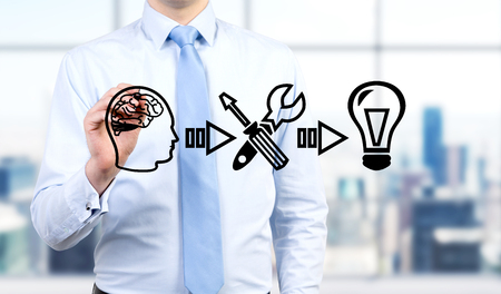 A man painting a scheme brain-tool-idea with a pen in front of him. Blurred office at the background. Front view, no head. Concept of working on an idea.の写真素材