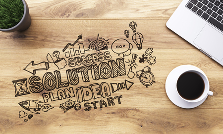 Wooden table with cup of coffee, laptop and plant, business symbols on table. Top view. Concept of workplace. 3D renderの写真素材