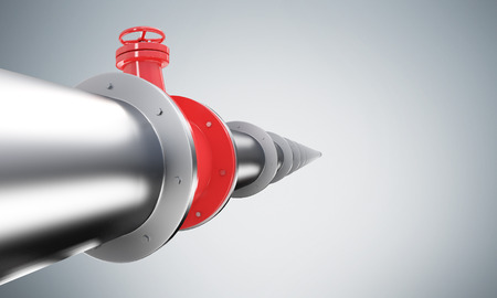 Metal pipe with red tap, perspective view. Grey background. Concept of pipeline. 3D renderの写真素材