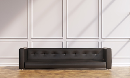 Brown sofa at white wall, paruette. Shades on wall. Concept of decoration. Mock up. 3D renderingの写真素材