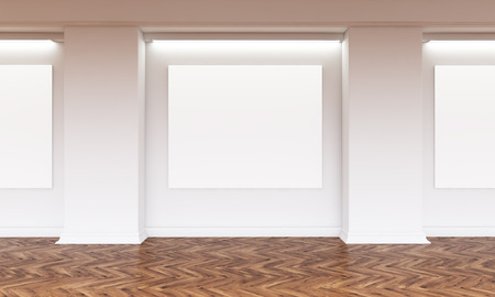 Gallery interior with several blank canvas hanging on wall. Wooden flooring. Mock up, 3D Rendering