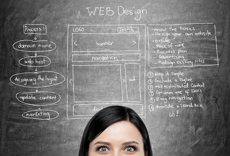 Closeup of female forhead and eyes with web design plan on blackboard in the backgroundの写真素材