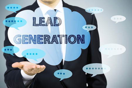 Lead generation concept with businessman holding abstract bubbles with writings