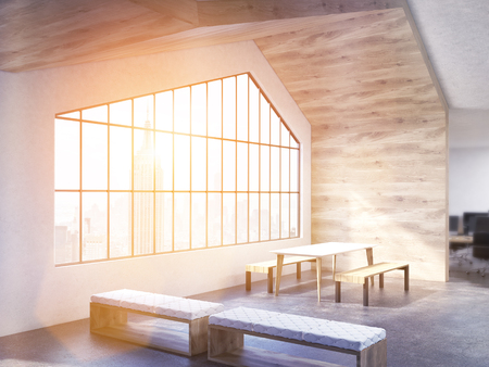 Loft interior design with table, benches, wooden wall, ceiling and window with New York city view. Toned image. 3D Renderingの写真素材