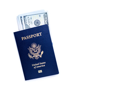 American passport with dollars isolated on white background. Mock upの写真素材