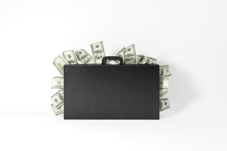 Closed suitcase with dollar banknotes coming out on white background. 3D Renderingの写真素材